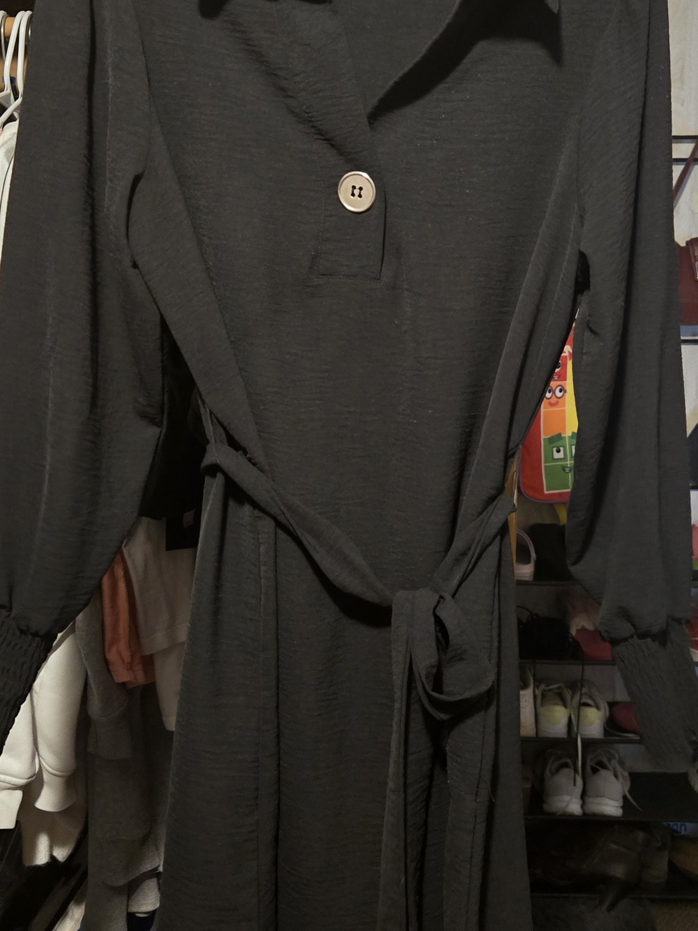 Midi Shirt Dress with Tie Waist - Black